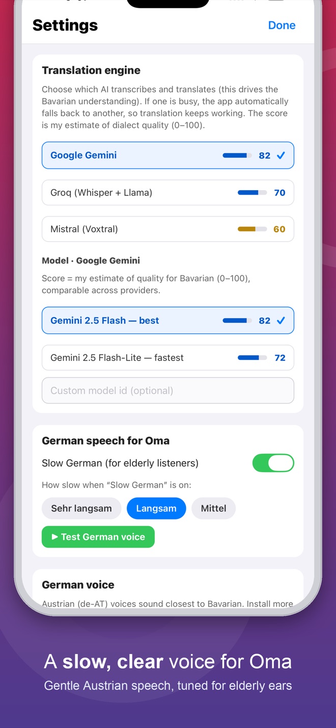 A slow, clear voice for Oma — gentle Austrian speech tuned for elderly ears