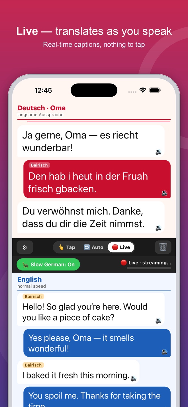 Live mode translates as you speak, with real-time captions
