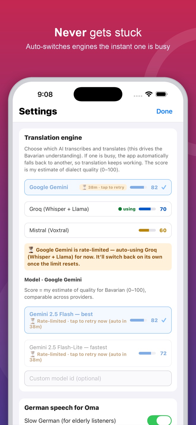Never gets stuck — auto-switches engines the instant one is busy