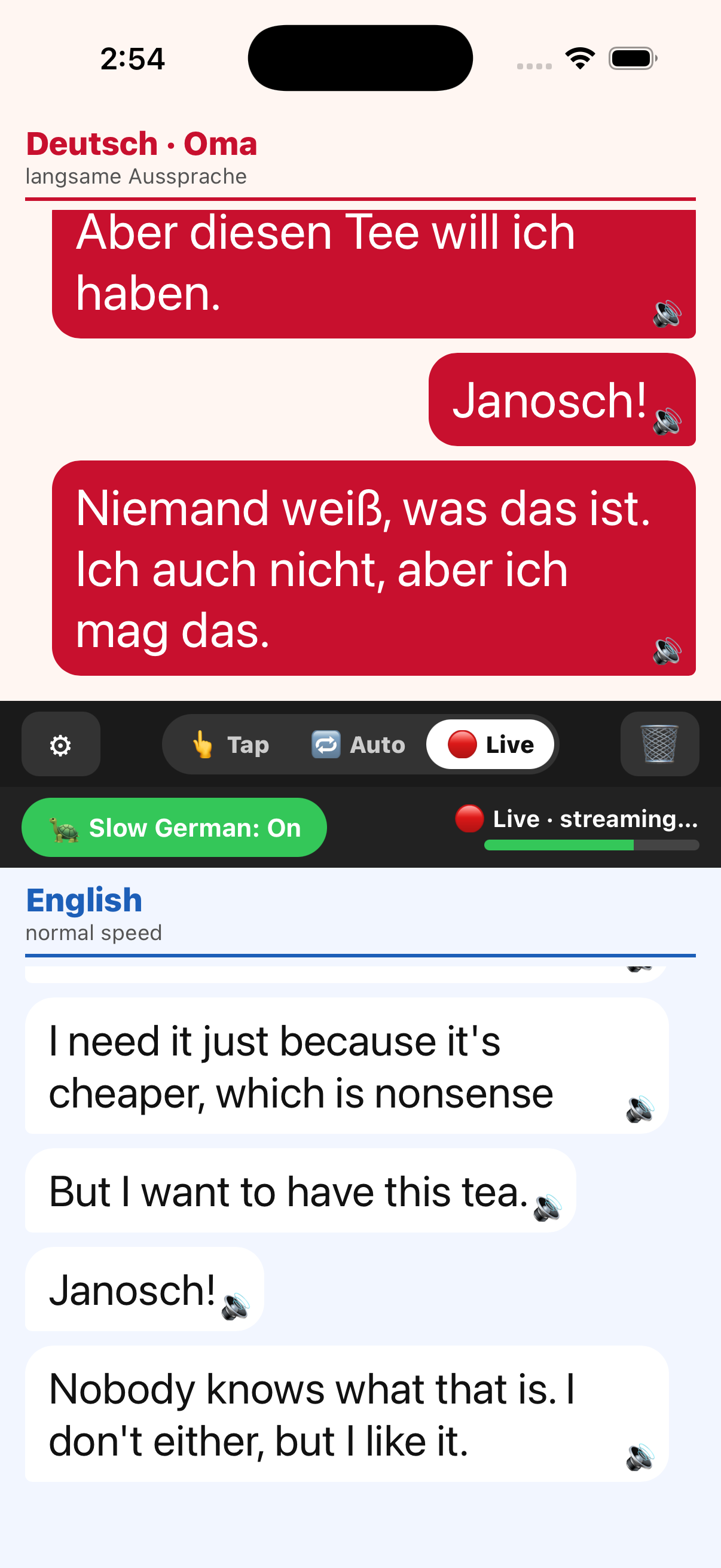 The app showing a live German–English conversation in red and blue bubbles